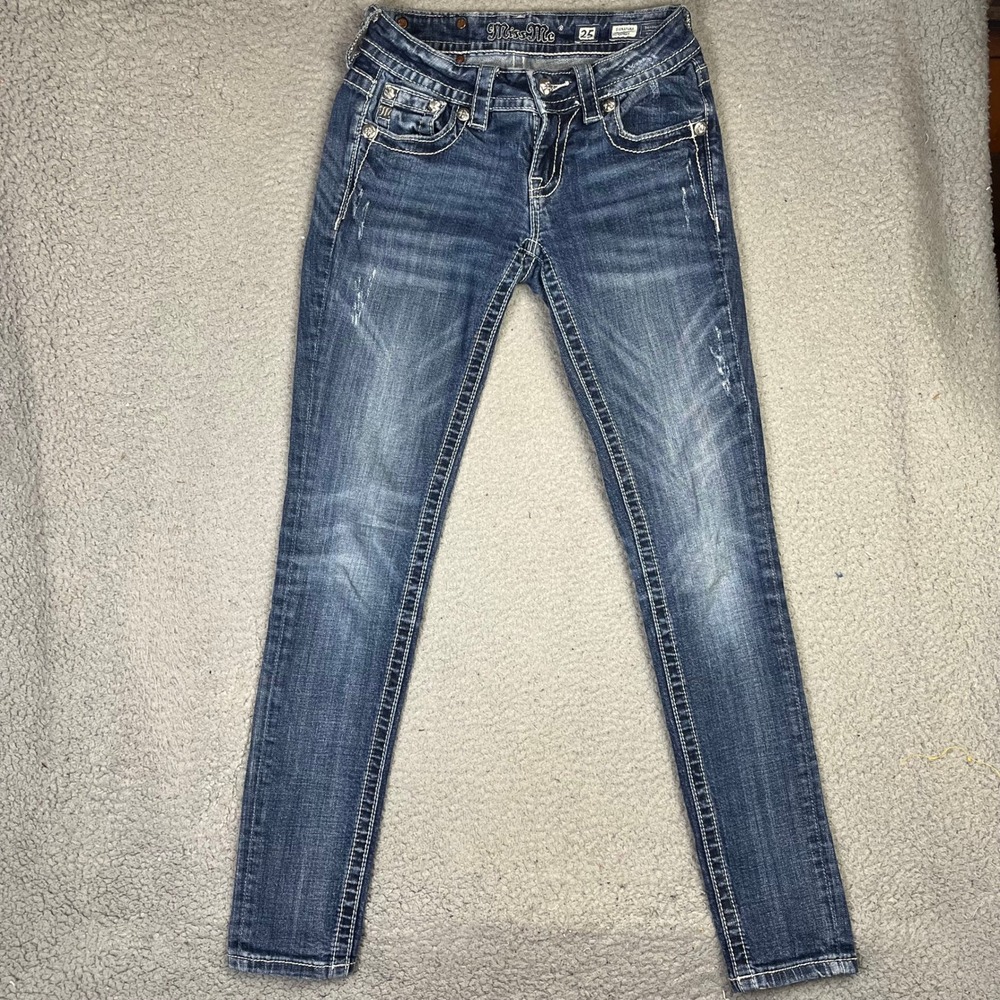Miss Me Women 25 Blue Skinny Jeans Fleur De Lis Rhinestone Embellished Denim
